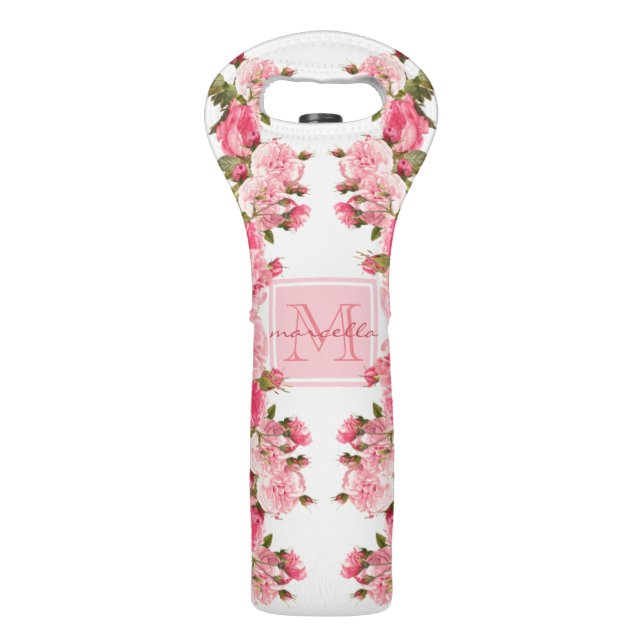 Pink Peonies Personalized Monogram | Wine Tote (Front)