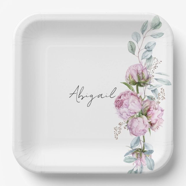 Pink Peonies Personalized Script Bridal Shower  Paper Plates (Front)