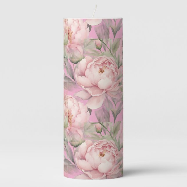 Pink Peonies Pillar Candle (Front)