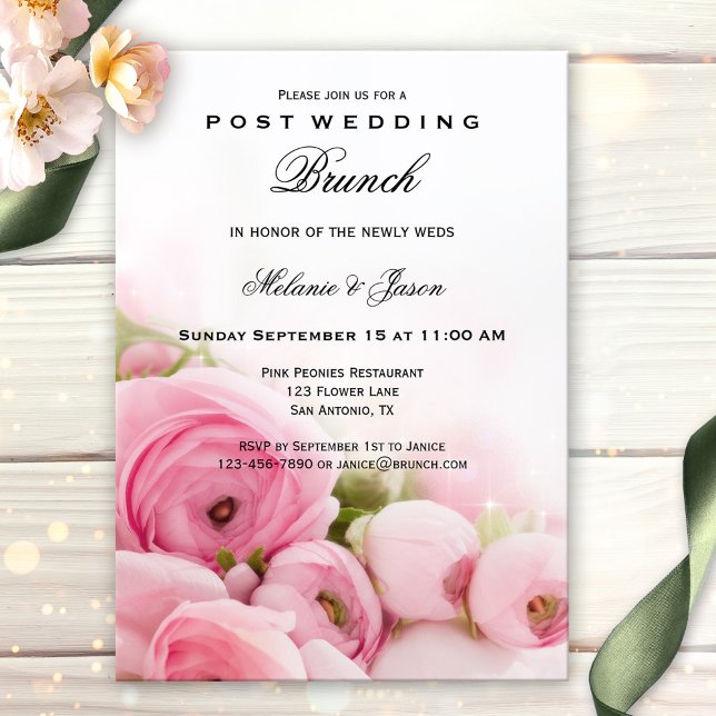 Pink Peonies Post Wedding Brunch Invitation (Classic post or after wedding brunch or lunch party invitation featuring lovely pink peonies)