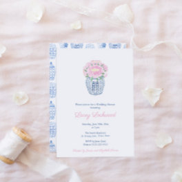 Pink Peonies Preppy Blue White Vase Bridal Shower Invitation