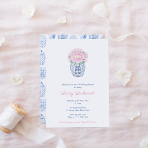 Pink Peonies Preppy Blue White Vase Bridal Shower  Invitation