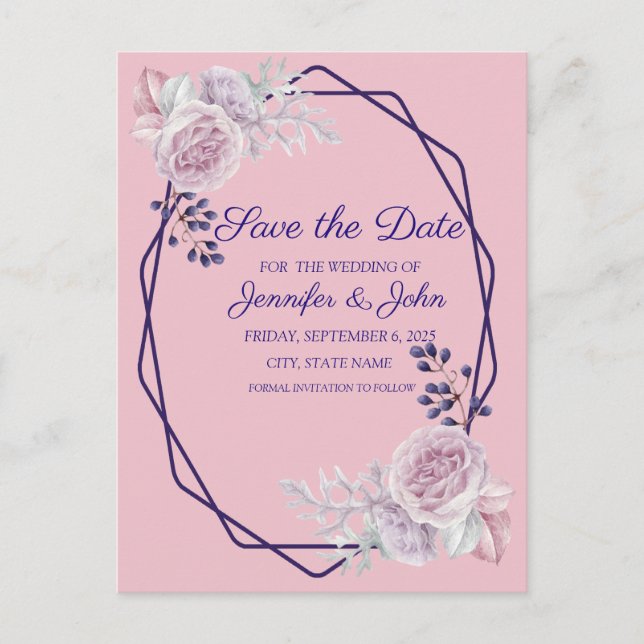 Pink Peonies Purple Geometric Frame Save the Date Announcement Postcard (Front)