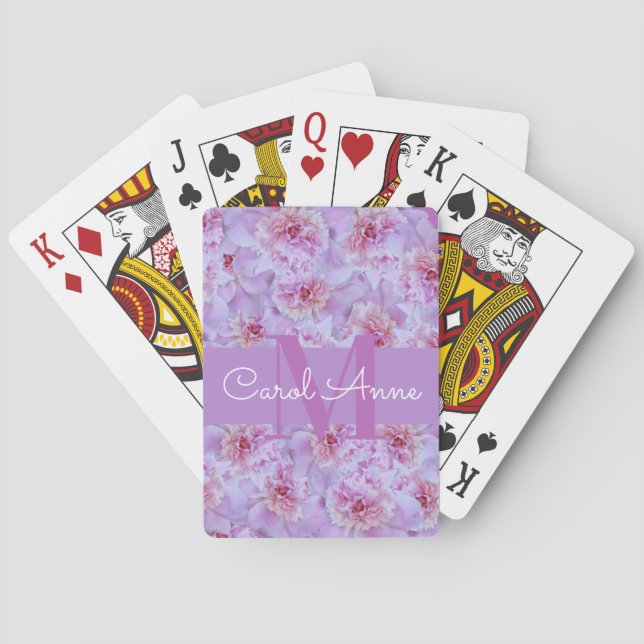 Pink Peonies Purple Monogram Floral Poker Cards (Back)