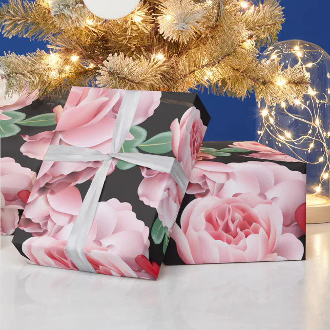 Cardboard Clock Patterns Pink Peonies & Red Hearts Romantic Floral Pattern Wrapping Paper | Zazzle