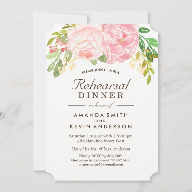 Pink Peonies Rehearsal Dinner Invitations (Front)