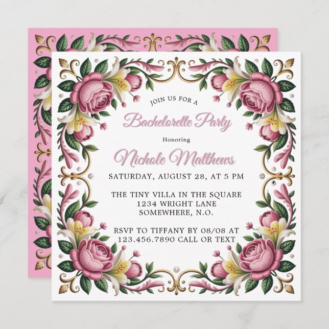 Pink Peonies Rococo Frame Bachelorette Party Invitation (Front/Back)