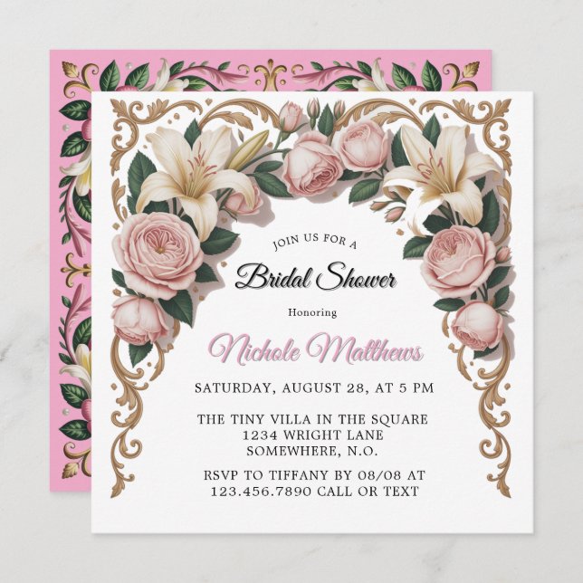 Pink Peonies Rococo Frame Bridal Shower Invitation (Front/Back)