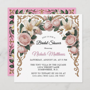 Pink Peonies Rococo Frame Bridal Shower Invitation