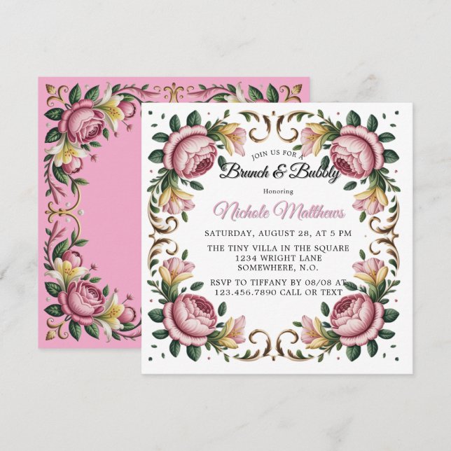 Pink Peonies Rococo Frame Bridal Shower Invitation (Front/Back)