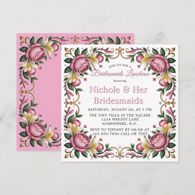 Pink Peonies Rococo Frame Bridesmaids Luncheon Invitation (Front/Back)