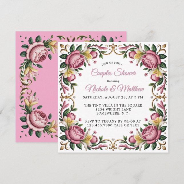 Pink Peonies Rococo Frame Couples Shower Invitation (Front/Back)