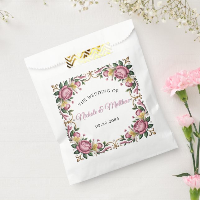 Pink Peonies Rococo Frame Wedding Favor Bag (Sealed)