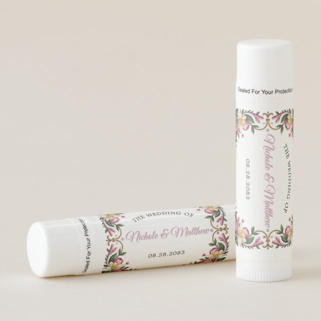 Pink Peonies Rococo Frame Wedding Favor Lip Balm (Front)