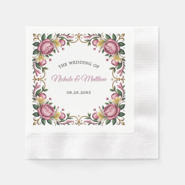 Pink Peonies Rococo Frame Wedding Napkins (Front)