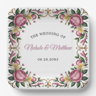 Pink Peonies Rococo Frame Wedding Paper Plates
