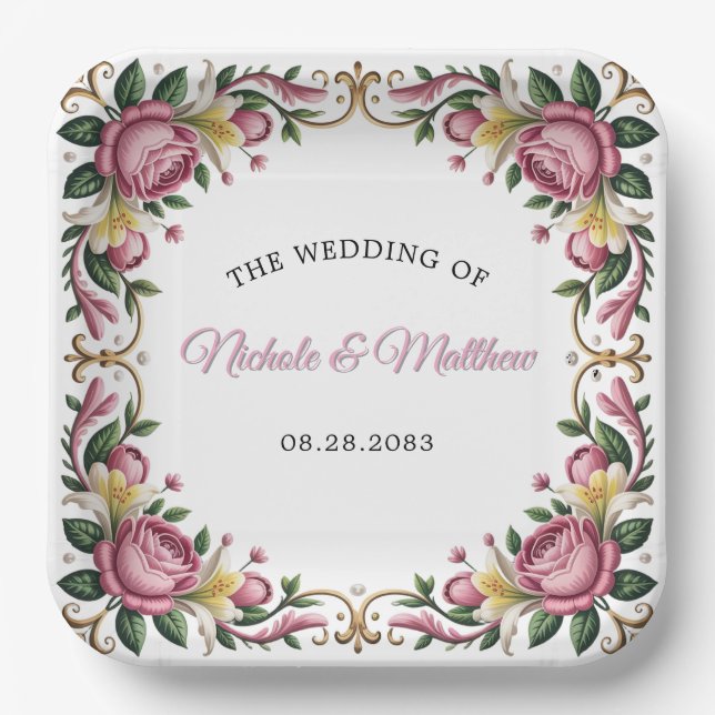 Pink Peonies Rococo Frame Wedding Paper Plates (Front)