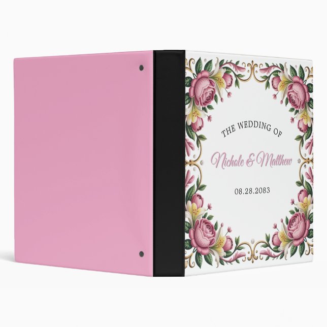 Pink Peonies Rococo Frame Wedding Photo 3 Ring Binder (Background)