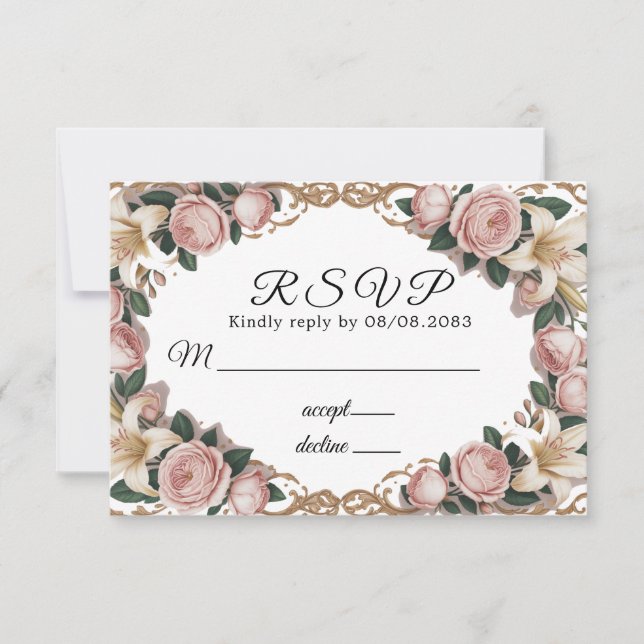Pink Peonies Rococo Frame Wedding RSVP Card (Front)