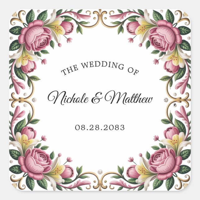Pink Peonies Rococo Frame Wedding Square Sticker (Front)