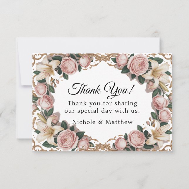 Pink Peonies Rococo Frame Wedding Thank You Card (Front)