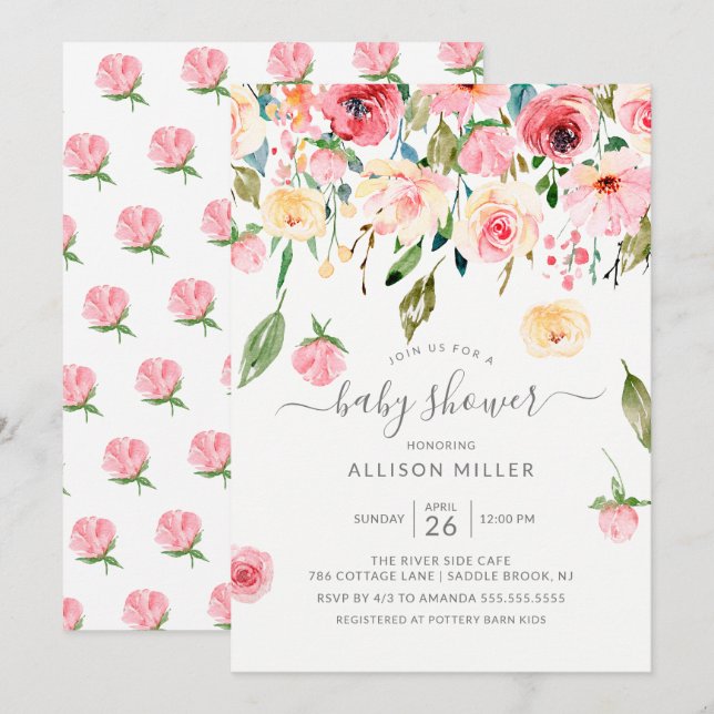 Pink Peonies Rose Floral Baby Shower Invitation (Front/Back)