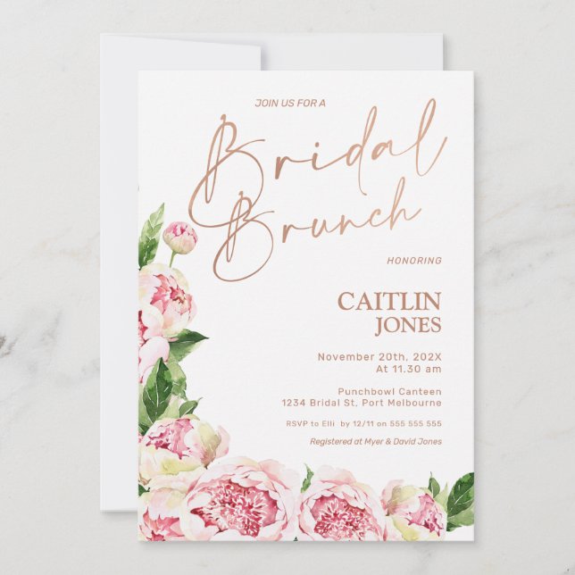 Pink Peonies Rose Gold Bridal Brunch Brunch Shower Invitation (Front)
