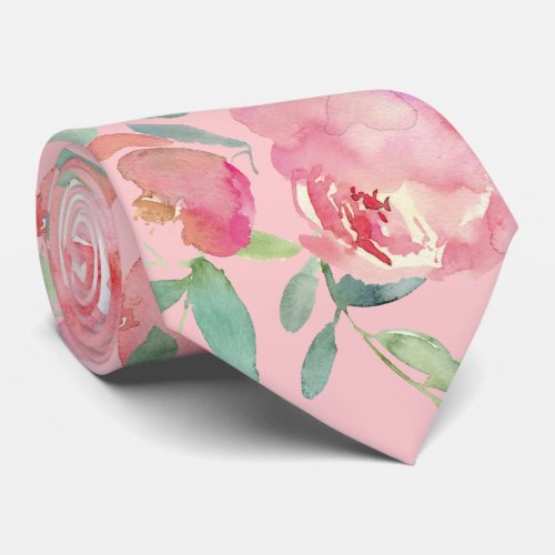 Pink Peonies Roses Floral Neck Tie