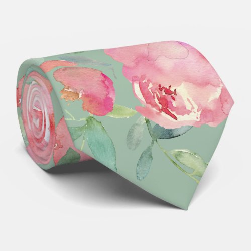 Pink Peonies Roses Green Greenery Floral Neck Tie