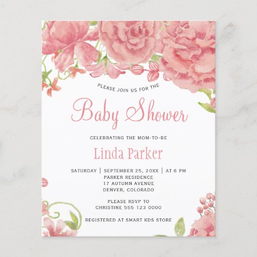 Pink peonies rustic budget baby shower invitation