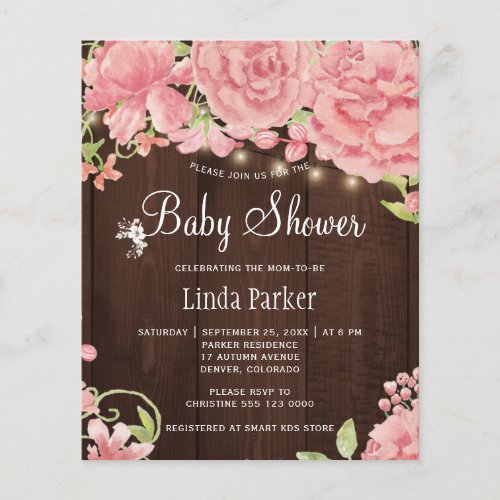 Pink peonies rustic budget baby shower invitation