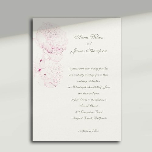 Pink Peonies Sketch Formal Calligraphy Wedding Invitation