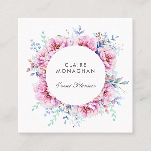 Pink Peonies | Square Business Card (Front)