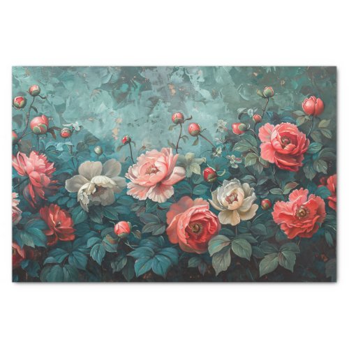 Pink Peonies Teal Background Painting Decoupage Tissue Paper