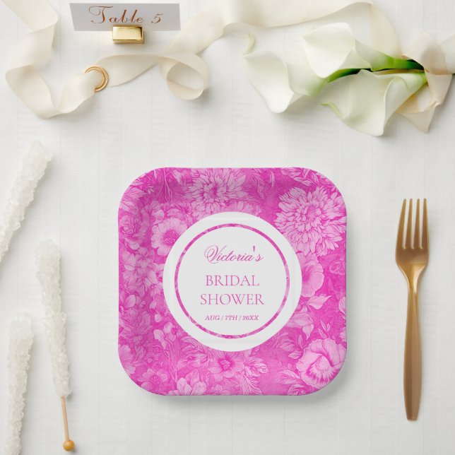 Pink Peonies Toile Bridal Shower  Paper Plates (Wedding)