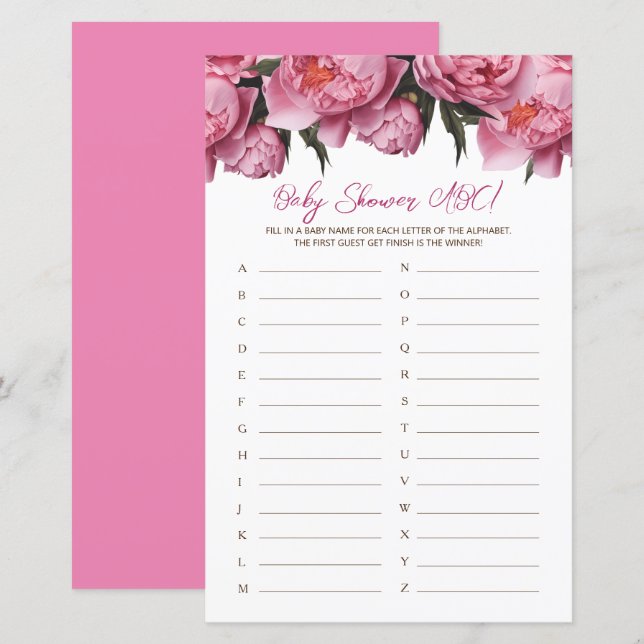 Pink Peonies Watercolor Baby Shower Game ABC (Front/Back)