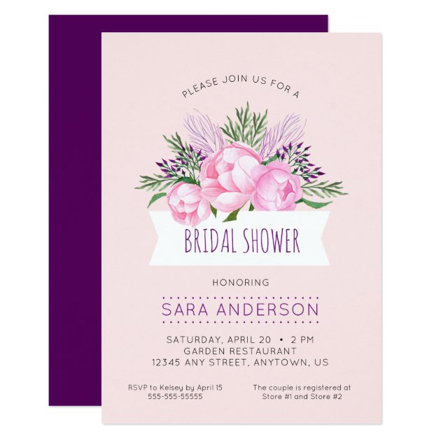 Pink Peonies Watercolor Bridal Shower Invitation