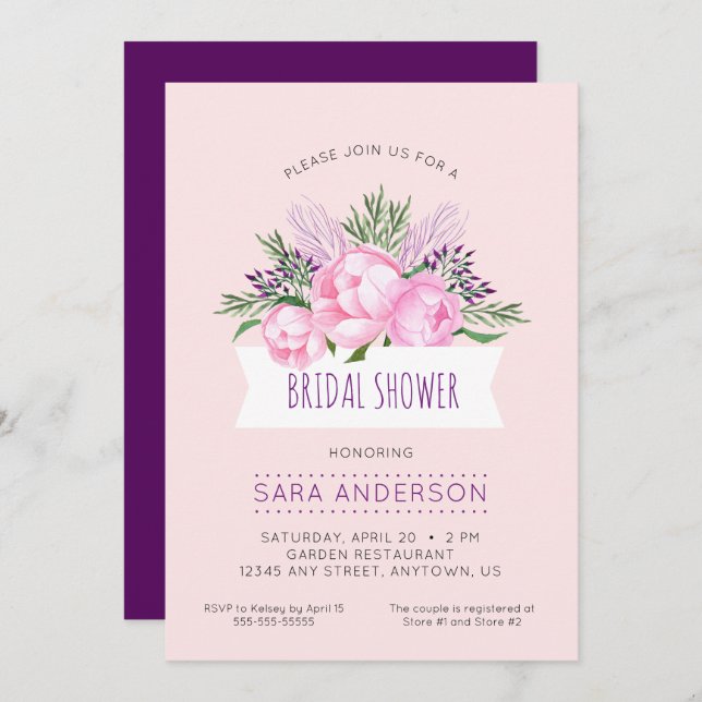 Pink Peonies Watercolor Bridal Shower Invitation (Front/Back)