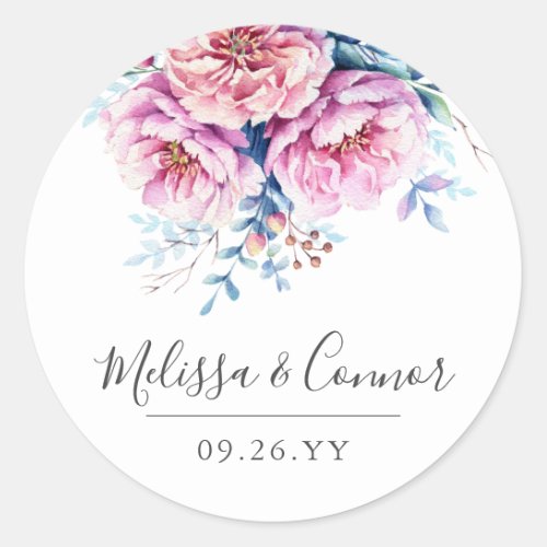 Pink Peonies  Watercolor Floral  Custom Text Classic Round Sticker