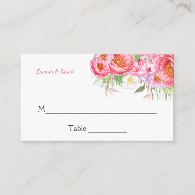 Pink Peonies Watercolor Florals Place Cards (Front)