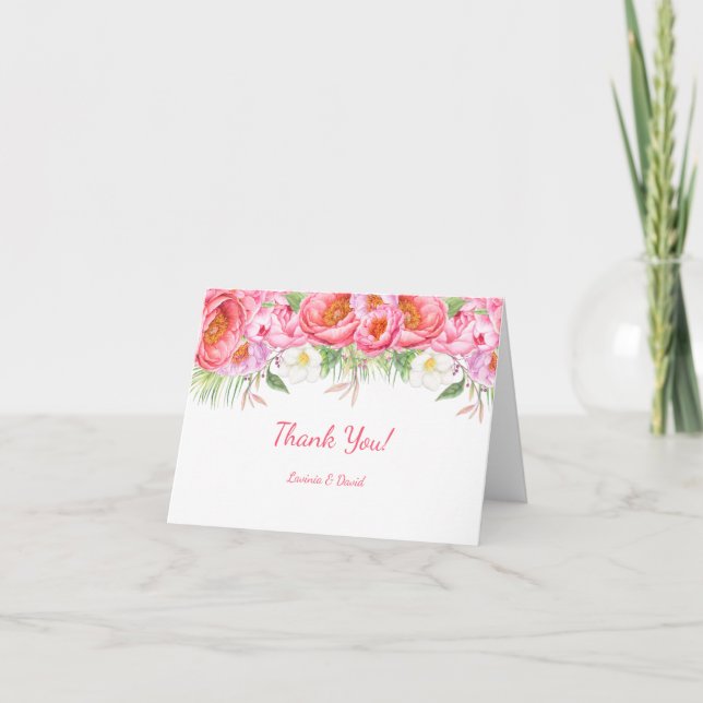 Pink Peonies Watercolor Florals Wedding Thank You (Front)