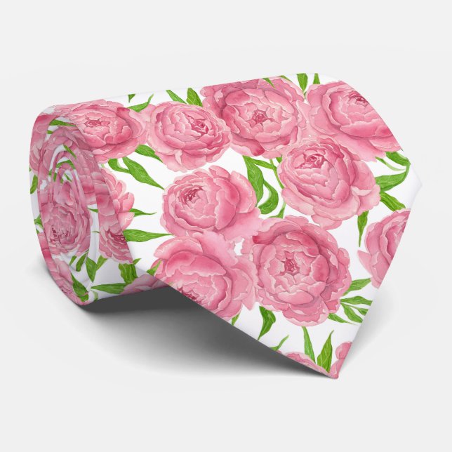 Pink peonies watercolor neck tie (Rolled)