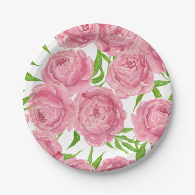 Pink peonies watercolor paper plates (Front)