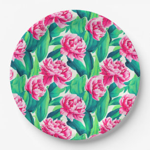 Pink Peonies Watercolor Print Paper Plates