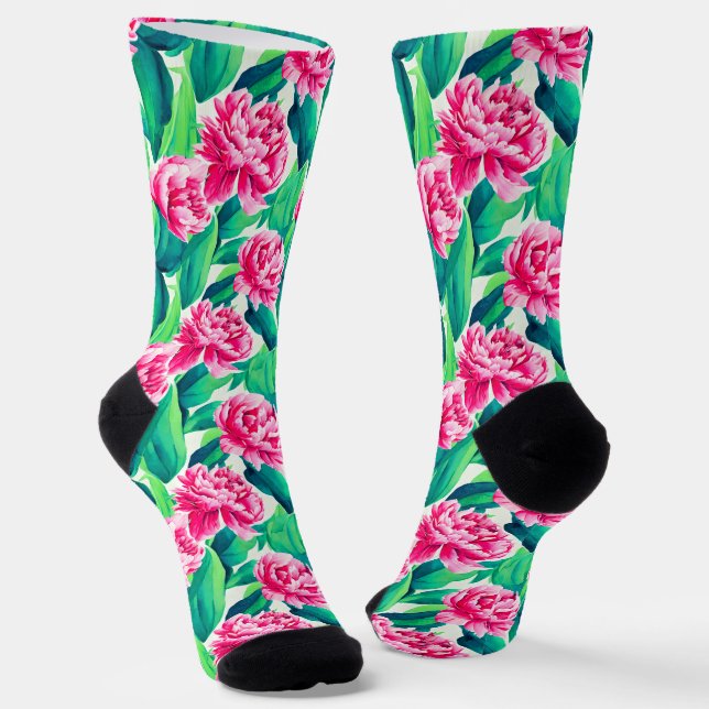 Pink Peonies Watercolor Print   Socks (Angled)