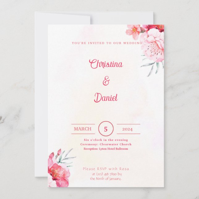 Pink Peonies Watercolor Wedding Invitations (Front)