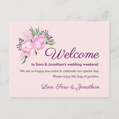 Pink Peonies Watercolor  Wedding Welcome Postcard