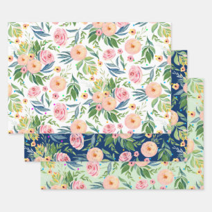 Pink peonies watercolors pattern wrapping paper sheets