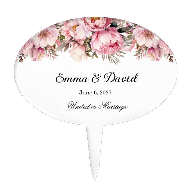 Pink Peonies Wedding Cake Topper (Front)