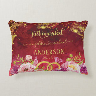 Pink Peonies Wedding Ring Red Gold Just Married Accent Pillow